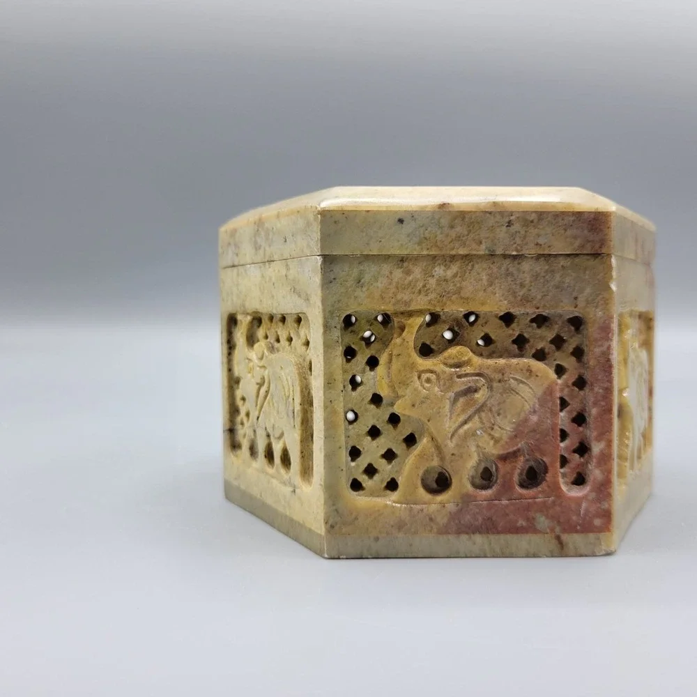 Vintage Carved Soapstone Hinged Trinket Box Trunk Up Elephant Hexagon Box